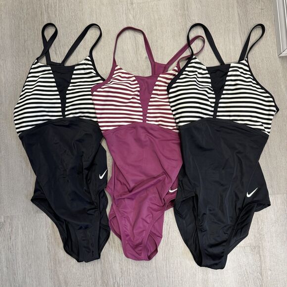 3 NIKE Laser Stripe Racerback Chlorine Resistant One Piece Swimsuits Black & Red - Picture 1 of 9